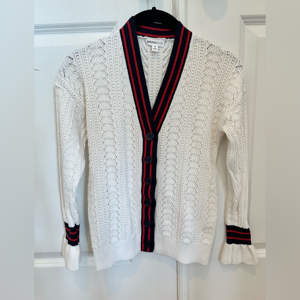 Perfect condition Minnie Rose White Cardigan with Navy and Red Trim!